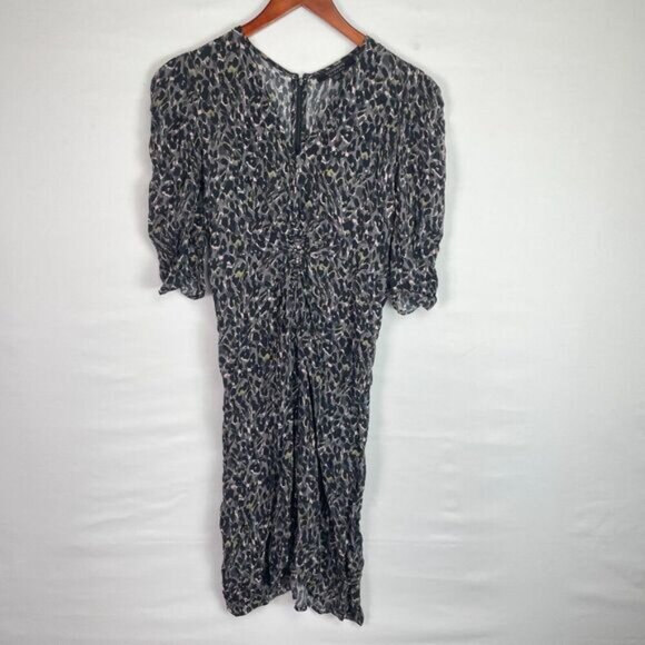 All Saints Josephine Waterleo Ruched Leopard Print Dress Khaki Green US 4 - Picture 2 of 8